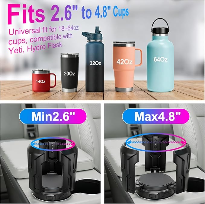 Cup Holder Expander, Cup Holder Expander for Car, Adjustable Cupholder for 2.6"- 4.8" Yeti, Hydro Flask, Nalgene, Takeya, Camelbak, Ramblers, Owala, Tumblers, Mugs, Bottles, with Car Seat Hook