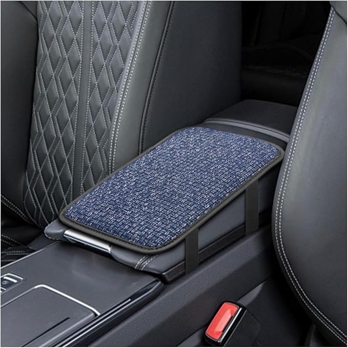 Car Center Console Armrest Pad, Linen Fabric Auto Armrest Box Protector Cover, 11.6 × 7.7 Inch Vehicle Middle Console Mat, Universal Interior Decoration Accessory for Car, SUV, Truck (Blue)