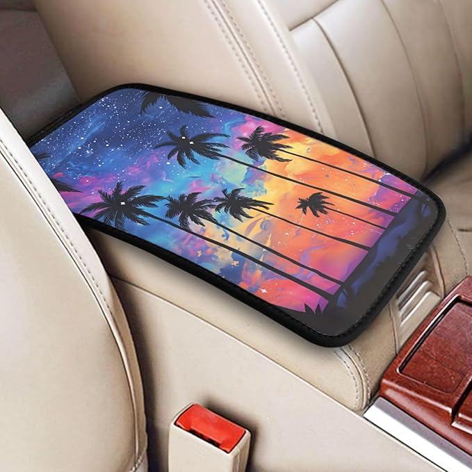 Universal Car Center Console Cushion Pad, Coconut Trees Night Sky Soft Waterproof Car Center Console Cover Auto Armrest Seat Box Cover Protector for Most Vehicle SUV Truck Car