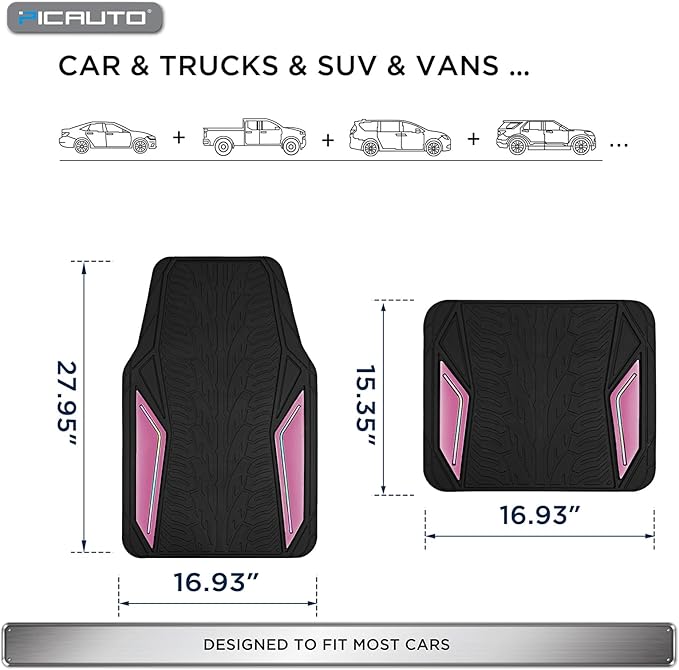 PIC AUTO Rubber Floor Mats, Pink Aluminum Film with Colorful Piping Floor Mats for Cars, Car Mats with Non-Slip Backing, All-Weather Protection, Trim-to-Fit Liner for Cars, SUVs, Trucks, Vehicles