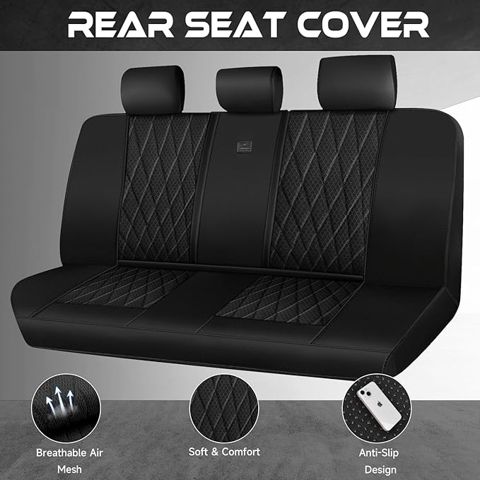 CAR PASS Thick Foam 3D Air Mesh Leather Rear Bench Car Seat Covers, Breathable Deluxe Anti Slip Automotive Back Seat Cover Universal Fit for 95% Sedans SUVs Vans Trucks, Solid Black