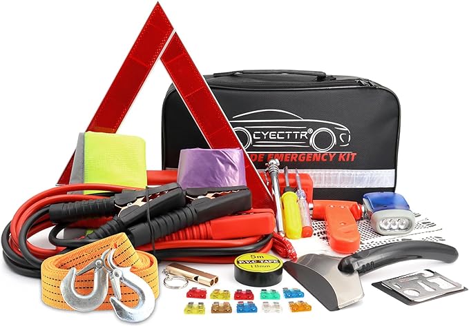 CYECTTR Car Roadside Emergency Kit,Auto Vehicle Truck Safety Emergency Road Side Assistance Kits with Jumper Cables,Safety Hammer,Reflective Warning Triangle,Tire Pressure Gauge,Tow Rope,etc