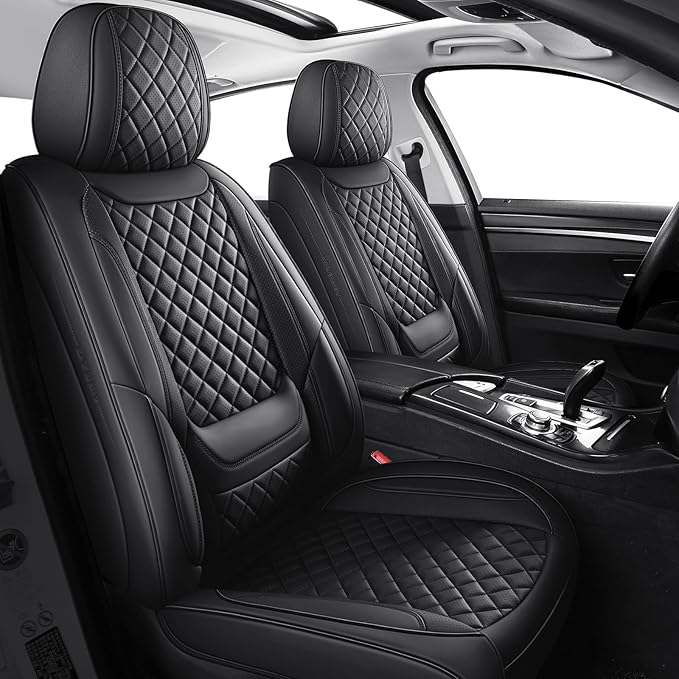 hoozoom Leather Front Seat Covers for Cars Breathable Seat Covers Waterproof Seat Protectors Universal Fit for Most Automotive Cars SUV Trucks Van (Black, Front Pair)