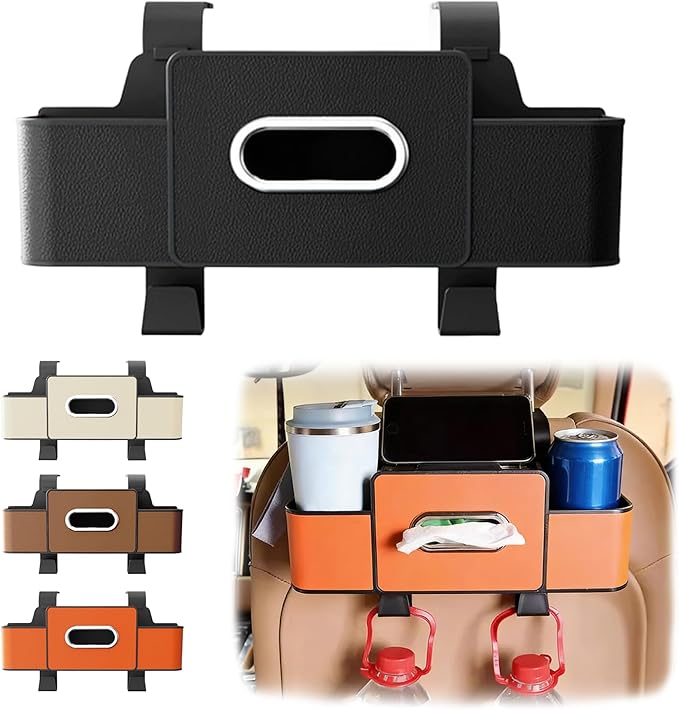 Car Seat Back Storage Box, 2026 New 3-in-1 Multifunctional Car Back Seat Organizer with Cup Holder, Tissue Box, Trash Bin & Hooks for Hold Phones, Snacks, Drinks, Handbags (Black)