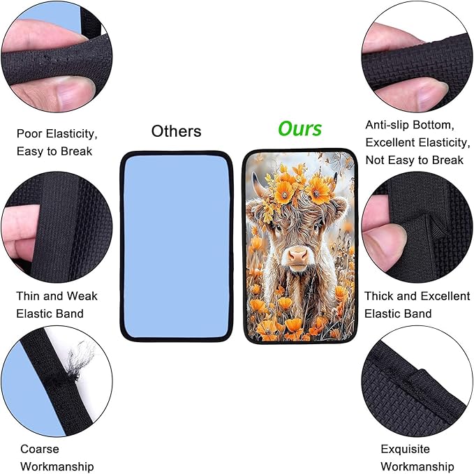 JANENFNA Car Armrest Cover Pads Universal Fashion Cute Auto Center Console Armrest Cover Pad with 2PCS Car Coasters Soft Waterproof Car Armrest Seat Protector for Women,Cow with Yellow Flowers