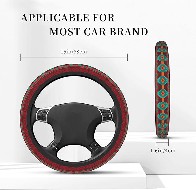 Red Southwestern Steering Wheel Cover for Women Men Girls, Universal 15 Inch Anti Slip Steering Wheel Protector Car Accessories Interior for Auto Truck SUV
