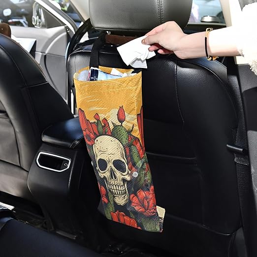 ALAZA Hanging Car Trash Bags Garbage Bag Trash Can for Back Seat Small Skull Cactus Washable Storage Bag Retractable 2 Pack