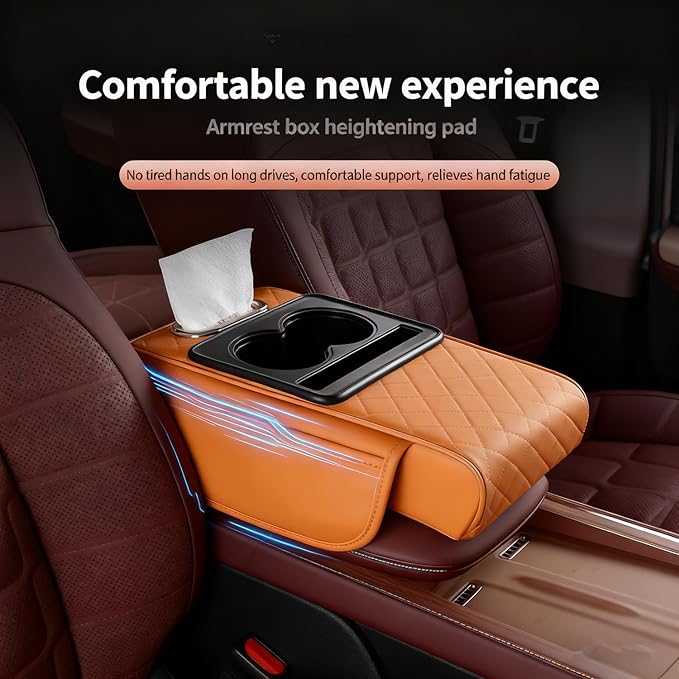 Multifunctional Pu Leather Car Armrest Box Mat, 5-in-1 Waterproof Car Armrest Organizer, Car Armrest Cushion Heightening Pad with Cup Holder, Tissue Boxes for Most Cars (Beige-B)