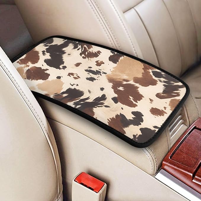 Universal Car Center Console Cushion Pad, Brown Cow Print Soft Waterproof Car Center Console Cover Auto Armrest Seat Box Cover Protector for Most Vehicle SUV Truck Car