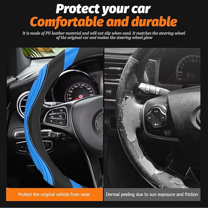 15 Inch Car Leather Steering Wheel Cover, Automotive Accessories Elastic Breathable Anti-Slip Soft Wheel Protector Fits Men and Women, Suitable for SUVs, Trucks, Vehicles and RVs (Light Blue)
