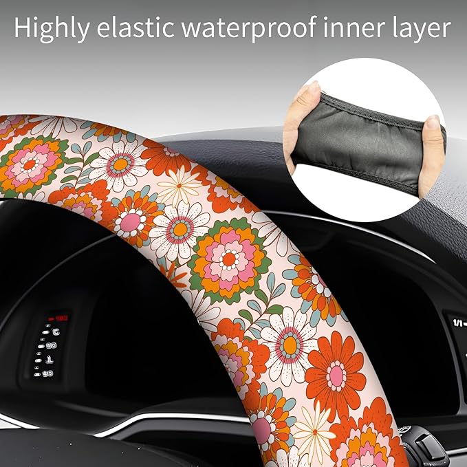 Steering Wheel Covers for Car, Truck, and SUV, Cute Non-Slip Breathable Elastic Steering Wheel, Car Accessories, Universal 15 Inch Leather Cover for Men Women Blooming Floral