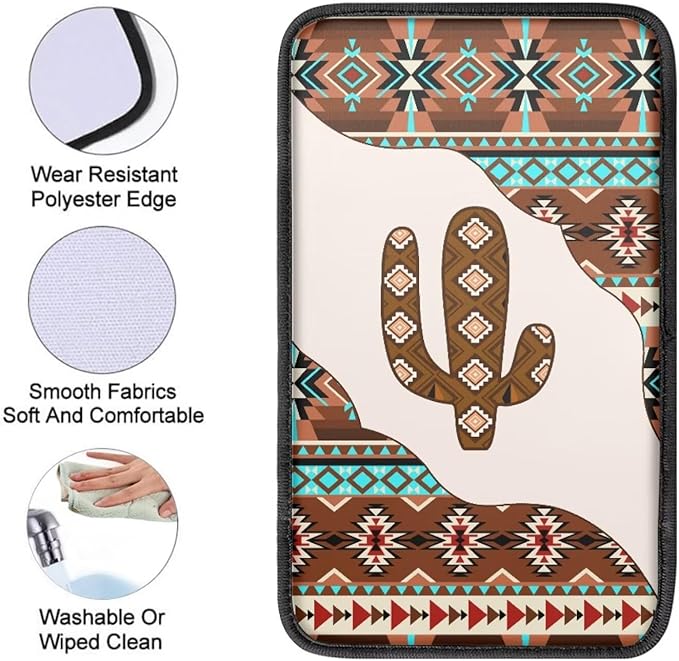 Vehicle Center Console Armrest Cover Pad, Universal Fit Soft Comfort Center Console Armrest Cushion for Car, Aztec Cactus