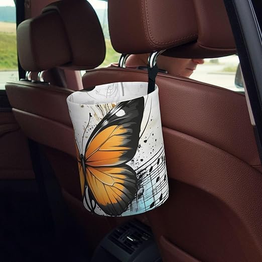 Car Trash Can Hanging, Yellow Butterfly Musical Note Vector Illustration Waterproof Auto Garbage Bin Universal Vehicle Waste Container, 3.5L Capacity