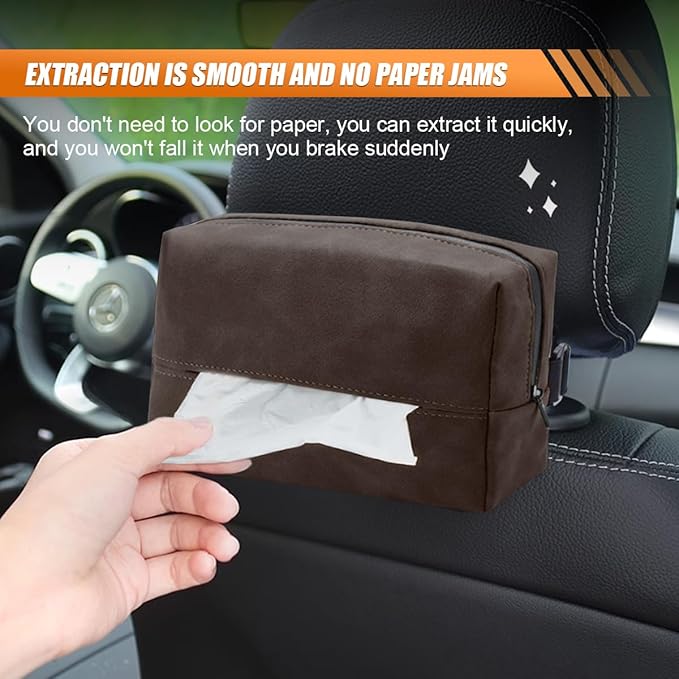 Car Tissue Holder, Rectangular Tissues Box Cover, Back Seat Tissue Dispenser for Tissues, Car Napkin Holder with Elastic Band, Fits for Storage & Organizer (Brown)