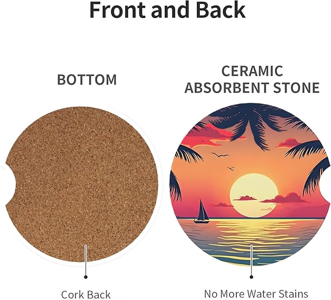HUWAAI Beach Sunset Palm Trees Car Cup Holder Coasters 2 Pack Universal 2.63 Inch Anti Slip Ceramic Absorbent Coaster with Cork Base and Finger Notch Cute Car Accessories Interior for Women
