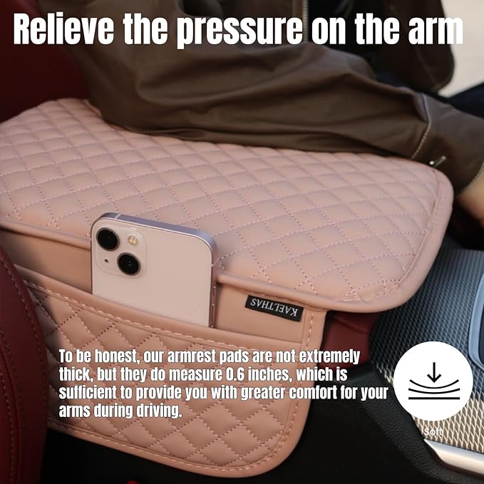 KAELTHAS Upgraded Leather Car Center Console Cushion Armrest Cover with 2 Storage Bags for Cars SUVs CUVs Interior Accessories Universal (Pink,Mid-Size)