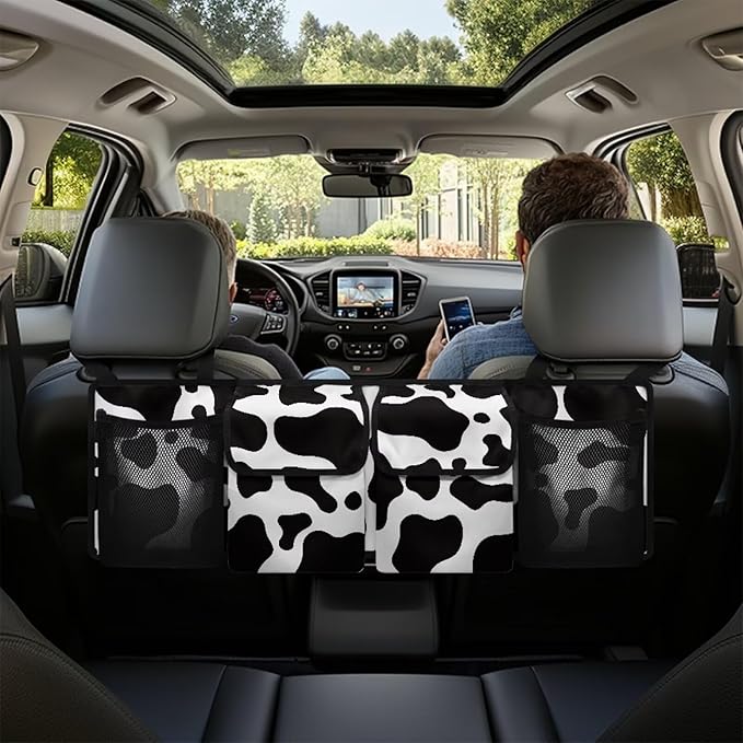 SEANATIVE Black Cow Car Trunk Organizer, Large Capacity Car Organizer SUV, Equipped with Robust Elastic Net, Hanging Car Storage Organizer with Lids, Space Saving Expert
