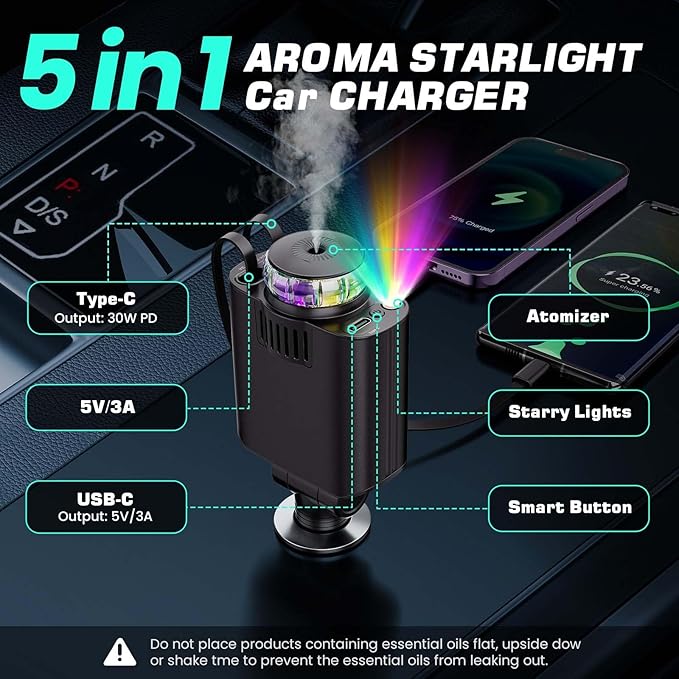 Retractable Car Charger with Aromatherapy and Starlight, 5 in 1 USB C Car Charger for iPhone 16 15 14 13 12 11, Fast Charging Compatible with iPhone Android (Black)