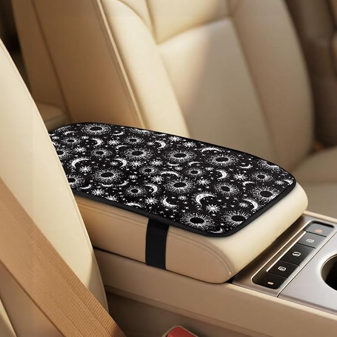 Qeluxign PU Leather Car Seat Covers Set - Sun Moon Star-Includes 2 Seat Protectors, 2 Shoulder Pad Covers, 1 Armrest Cover for Car Decoration