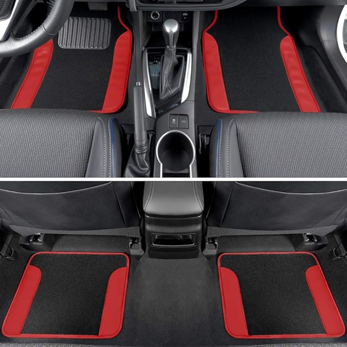 BDK Floor Mats for Cars, Two-Tone Carpet Car Floor Mats with Faux Leather Accents, Automotive Floor Mat Set with Built-In Heel Pad, Stylish Interior Car Accessories (Red)