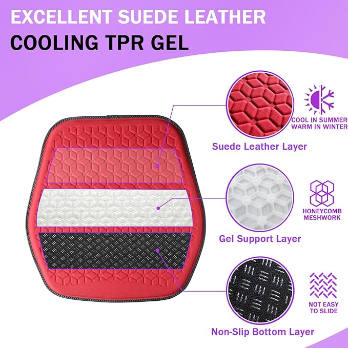 Thin Premium Gel Seat Cushion for Car Seat, Office Chair, Wheelchair, Golf Cart - Non-Slip Car Seat Cushions with 0.7 Inch Gel - Sciatica & Coccyx Pain Relief (Suede, Red)