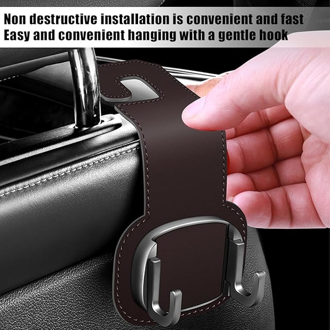 Car Headrest Hooks, 2PCS Foldable Double Vehicle Back Seat Organizer Hanging Holder for Purse Coat Umbrella, Automotive Interior Seatback Storage Hanger Accessories, Universal Fit (Brown)