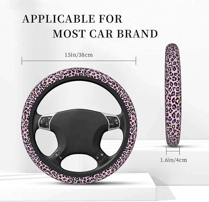 Pink Leopard Print Neoprene Steering Wheel Cover for Men Women Anti-Slip Elastic Steering Wheel Protective Cover 15in Universal Car Accessories Fit Cars, SUVs, Auto