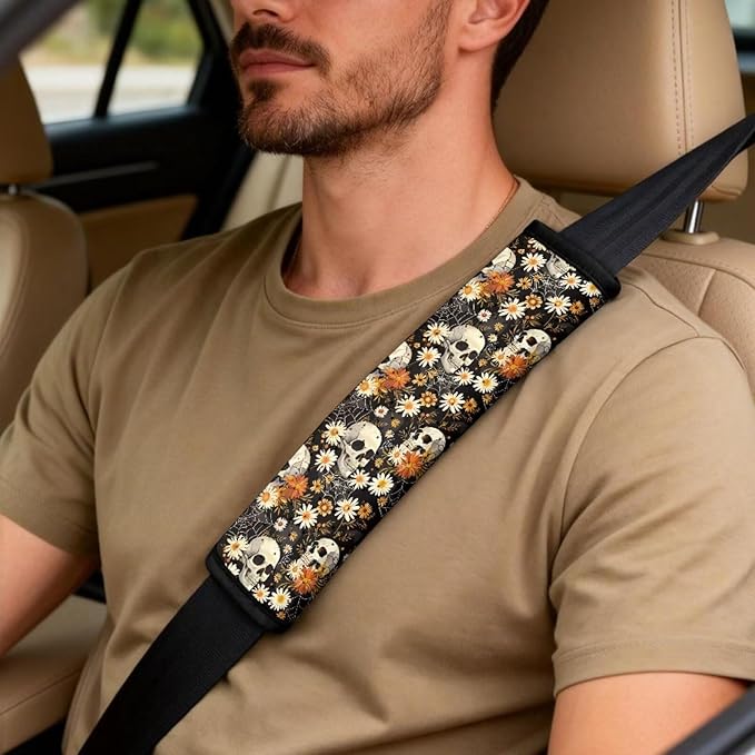 Oramclsy Skull Car Front Seat Set + PU Breathable Armrest Pad Seat Belt Covers 5 Pack Daisy Car Accessories Universal Auto Protector