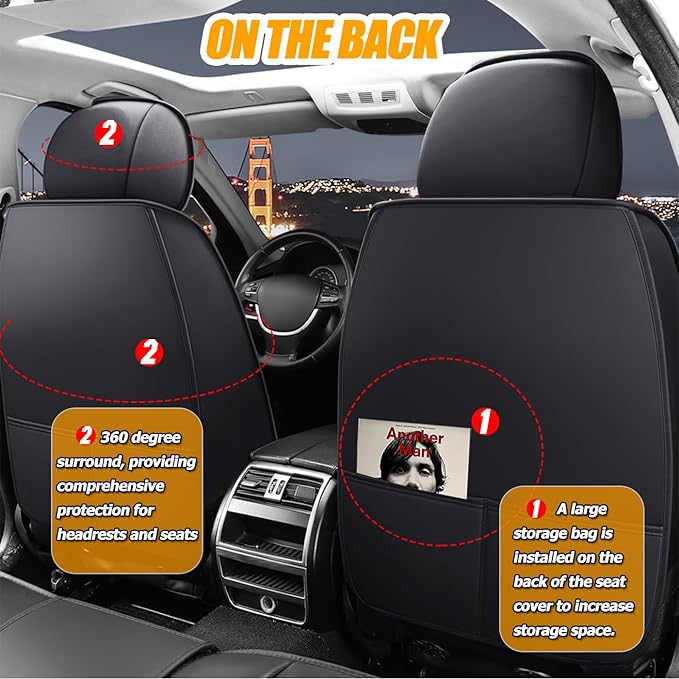 Universal 2 Front Seats Car Seat Cover, Fit for Most Cars, Nappa Leather Car Seat Cushion Super Breathable, Storage Bags, All Season, Car Seat Covers Full Set 3D Foam Back Support, Black Ash