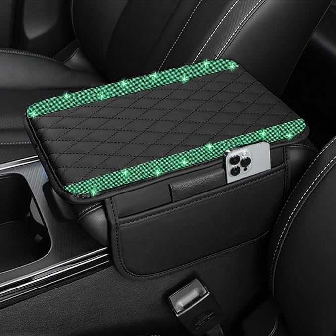 Bling Car Center Console Cover, Leather Car Arm Rest Cover Cushion with 2 Storage Bags, Universal Auto Armrest Protector Storage Box, Bling Accessories Interior for Most Vehicles (Green Diamond)