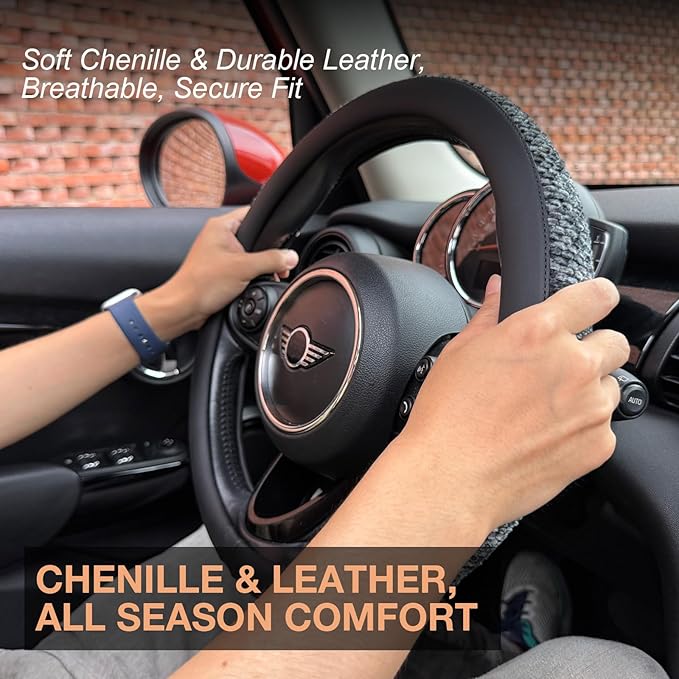 PINCTROT Large Size Chenille Leather Steering Wheel Cover, Soft Mottled Colors, Sweat-Proof, Non-Slip Grip, All-Season Comfort, 15.5-15.75 Inch(Mottled Gray)