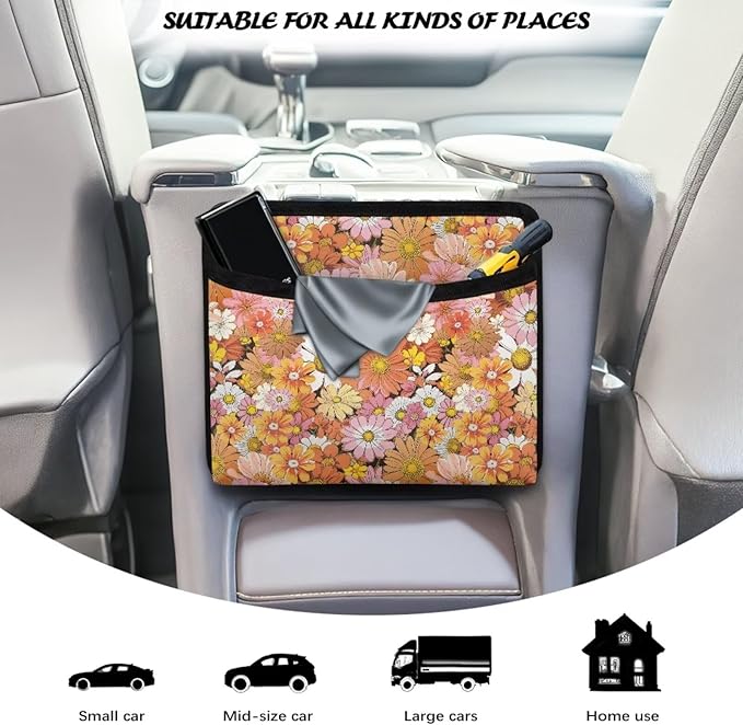 Hippie Flower Car Side Pocket Organizer Holder for Cell Phone Sunglasses Cards Front Back Seat Storage Pocket for Car Small Auto Console Door Window Storage Bag for Interior Organizer