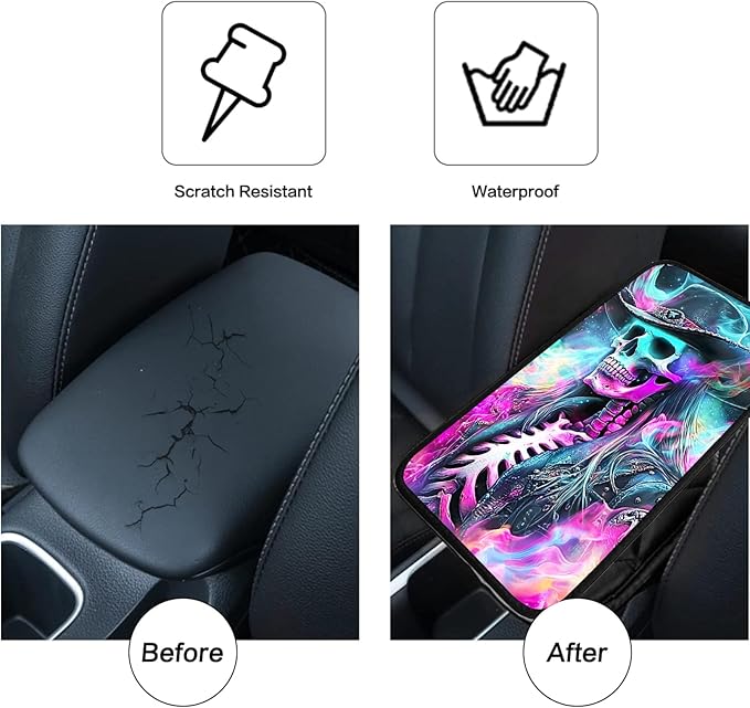 JANENFNA Car Armrest Cover Pads Universal Fashion Cute Auto Center Console Armrest Cover Pad with 2PCS Car Coasters Soft Waterproof Car Armrest Seat Protector for Women,Neon Skull Cowboy