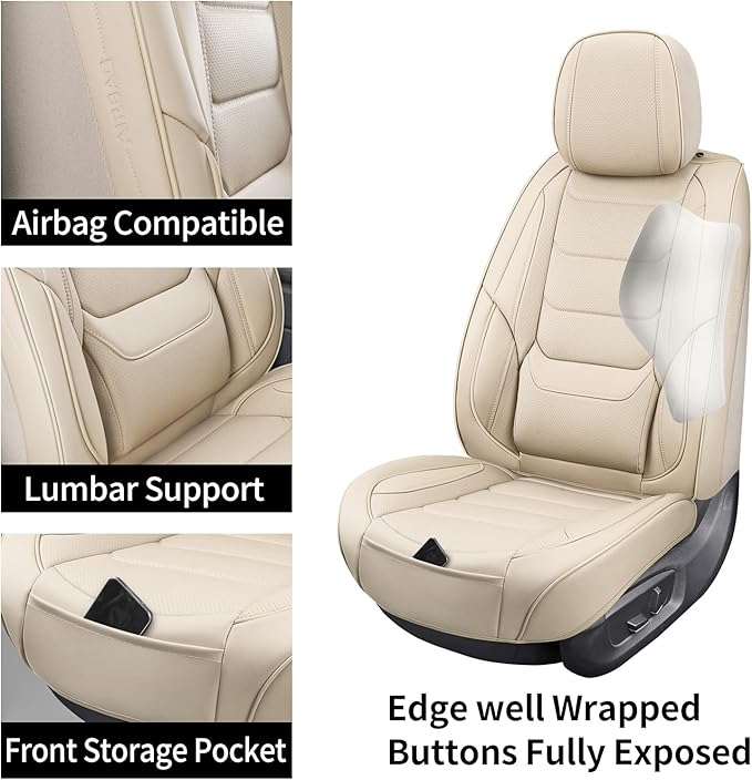 hoozoom Leather Front Car Seat Covers Breathable Seat Covers Waterproof Seat Protectors Universal Fit for Most Automotive Cars SUV Trucks Van (Beige, Front Pair)