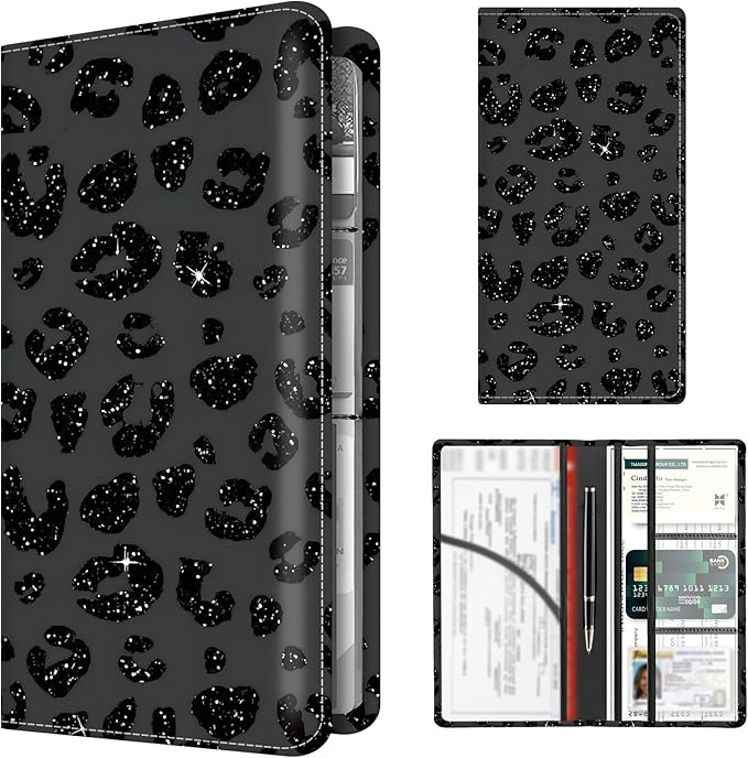 BAUCIWLD Premium Car Registration and Insurance Card Holder, Cute PU Leather Car Document Holder, Vehicle Glove Box Car Organizer with Magnetic Closure for Driver License, Cards Leopard Black