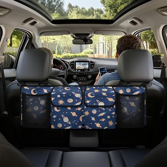 Car Trunk Organizers, Space Planets 37.1" x 11.8" Backseat Hanging Organizer with 4 Storage Bag, Waterproof Car Organizer with Adjustable Strap, Road Trip Large Capacity Bag for Car SUV