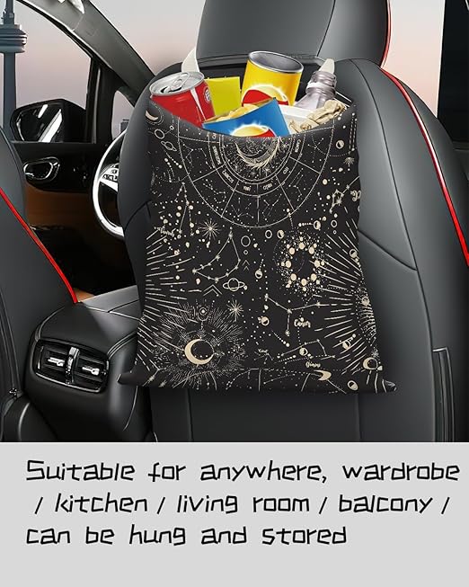 APVDSH Car Trash Can, Seat Back Hanging Car Trash Bag, Cute Canvas Car Garbage Bag, Essential Car Trash Bin Car Organizers Sun and Moon