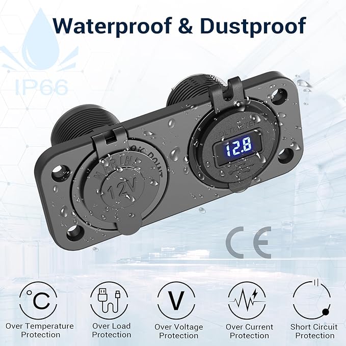 Qidoe Cigarette Lighter Socket 12 Volt USB Outlet Dual 30W PD & Dual Quick Charge 3.0 18W, 300W Socket Aluminum Metal Charger Panel with LED Voltmeter for Marine Car RV Motorcycle Golf Cart, etc