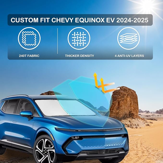 for Chevrolet Equinox EV SUV 2024 2025 2026 Windshield Sun Shade - 4 Layers for Front Windows Shade Cover Custom Fit Chevy Equinox EV Not for Gasoline Equinox 240T Shade Blocks UV Rays Car Accessories