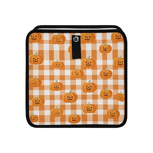 Car Trash Can Organizer Bin with Adjustable Strap for Back Front Seat Console Waterproof Leakproof Collapsible Portable 11 Inch Halloween Orange Plaid Pumpkin Heads