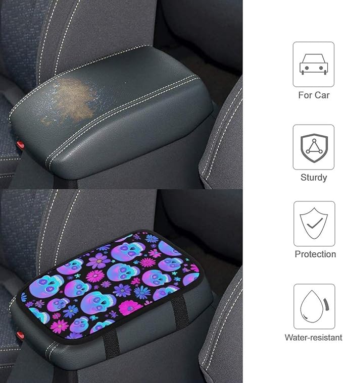 Auto Center Console Cover Neon Purple Flowers Floral Skull Car Armrest Pad Seat Box Cushion Car Accessories Decor Universal Fit Most Vehicles Trucks