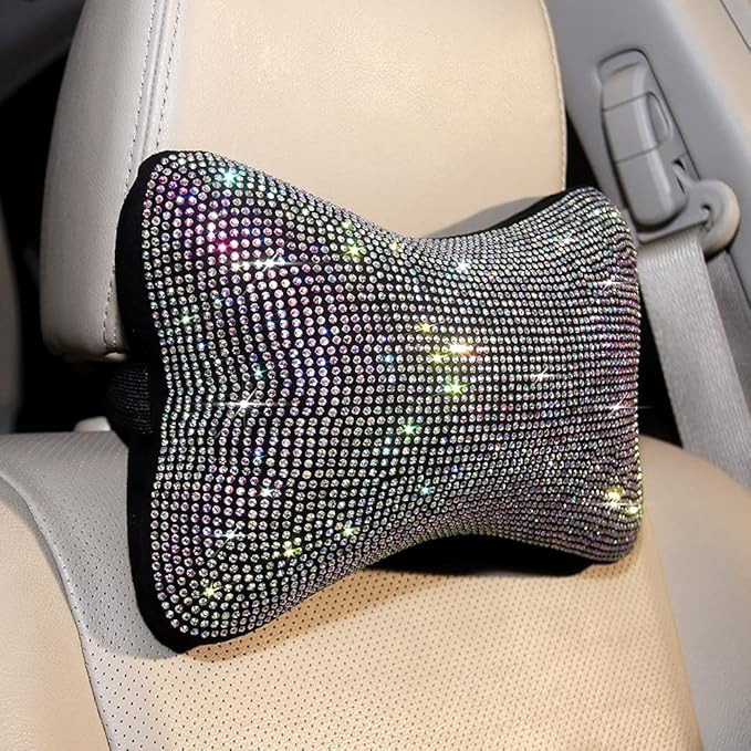 2 Pcs Colorful Bling Car Neck Pillow for Car Seat Driver, Auto Seat Headrest Cushion Driving Relax Neck Support Crystal Rhinestone Diamond Rainbow Bling Accessories for Woman