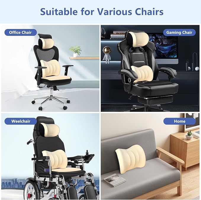 GEEYONTEK Car Seat Cushion with Neck Pillow & Lumbar Support Kit Back Sciatica Tailbone Pain Relief Car Pillows Ergonomic Memory Foam Back Support for Driving Seat Office Chair Wheelchair Beige