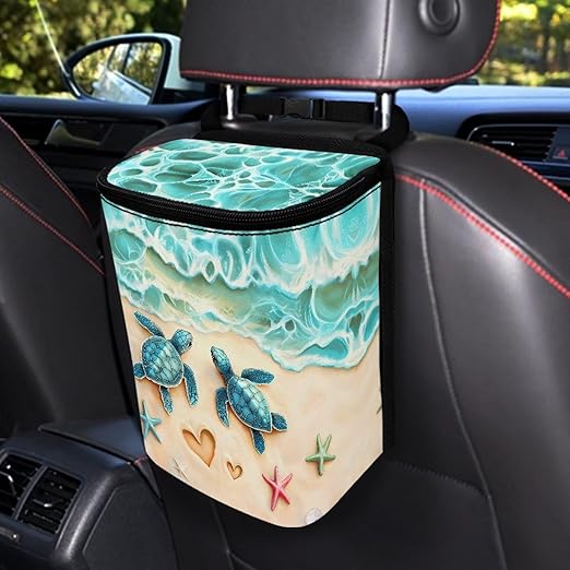 KEIAHUAN Beach Theme Sea Turtle Hanging Car Trach Can for Back Seat Automotive Garbage Container Bin Large Capacity Portable Grocery Organizer Bag with Lid for Snacks, Drinks, and widget