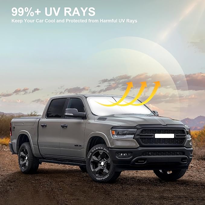 Car Windshield Sun Shade Compatible with 2019-2023 2024 2025 2026 Dodge Ram 1500 2Dr RegularCab, 4Dr QuadCab, CrewCab, MegaCab Accessories Foldable Sunshade Truck Custom Windshield Sun Visor