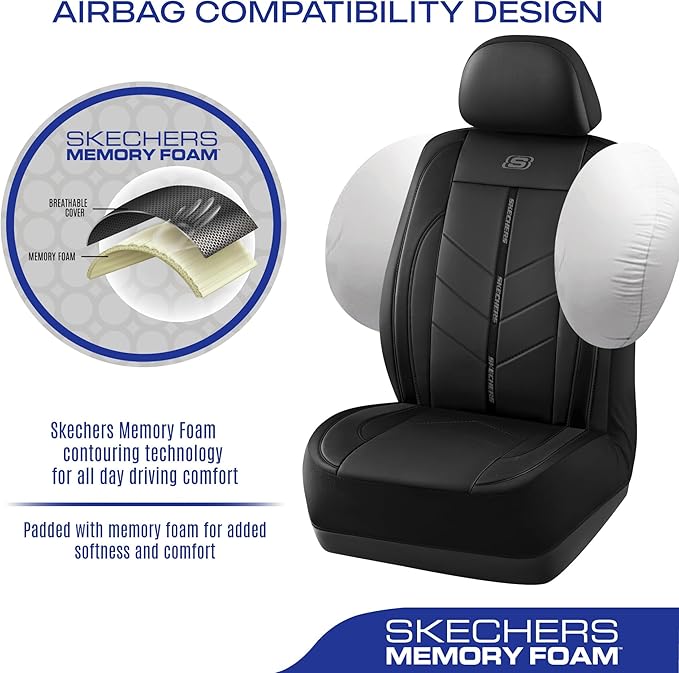 Skechers Car Seat Covers,Luxury Faux Leather Seat Covers,Waterproof Anti Slip Car Seat Protector Front Seats,Car Accessories Airbag Universal Fit for Most Cars,Vans,Trucks,SUV,Black