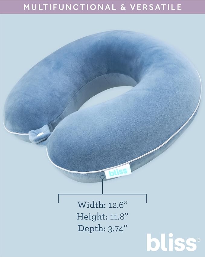 Bliss Neck Pillow - Lightweight U-Shaped Memory Foam Travel Neck Pillow with Snap Closure for Airplanes, Traveling, Offices, Cars, Coastal Blue Fleece