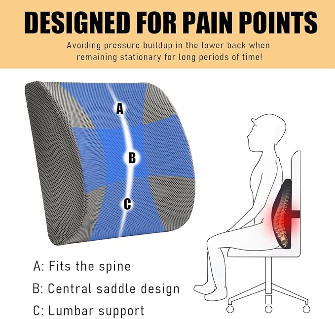 Lumbar Support Pillow, Memory Foam Back Support Cushion, Lumbar Pillow Improving Sitting Posture & Back Pain Relief Suitable for Car, Office Chair, Car Accessories (Gray)