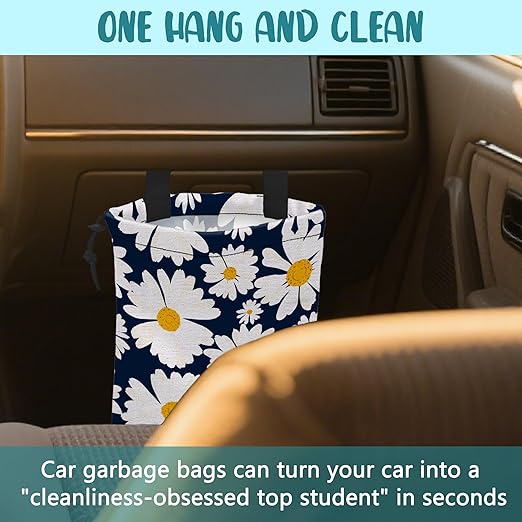 KXWQTRDD Car Trash Bag Chamomile Flower Hanging Drawstring Car Organizer and Storage Bag with Adjustable Buckle Canvas Garbage Bin for Back Seat or Hanging Headrest Car Decor Road Trip Essentials