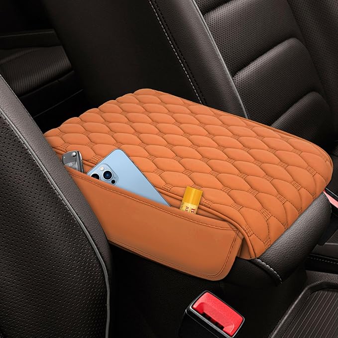 Upgraded Car Center Console Cover, Armrest Cover for Car, Waterproof Leather Auto Armrest Cover Protector with 2 Pocket, Comfortable Arm Rest Box Cushion Pad for Vehicles, Trucks (Yellow)